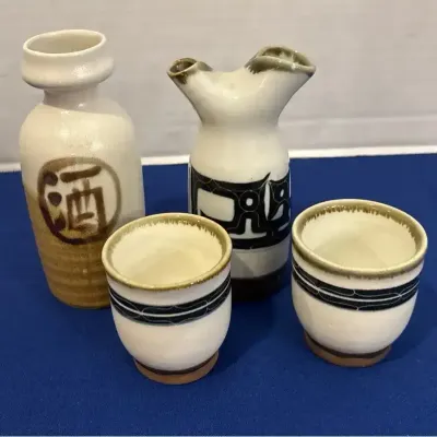 Japanese Sake Pottery - Double Spout & Kanji Tokkuri Bottles + 2 Cups