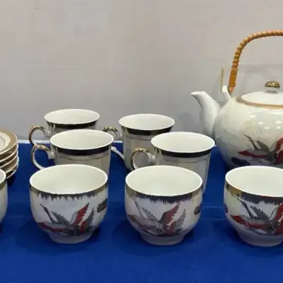Vintage Japanese Lusterware Crane Tea Set - Pearlescent, Gold Trim, Teapot, Cups, Saucers