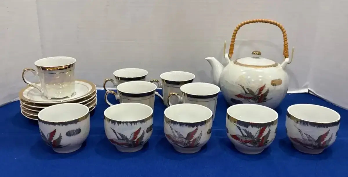 Vintage Japanese Lusterware Crane Tea Set - Pearlescent, Gold Trim, Teapot, Cups, Saucers