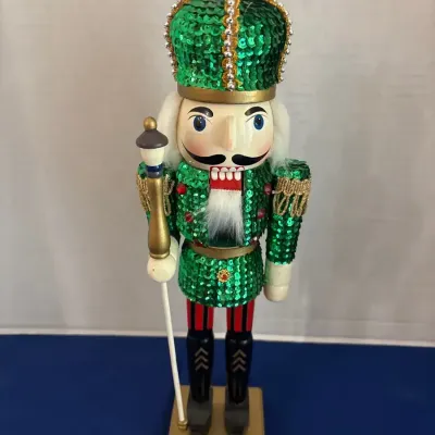 Wooden Christmas Soldier Nutcracker - 15", Green Sequin Uniform, Gold Crown, Staff