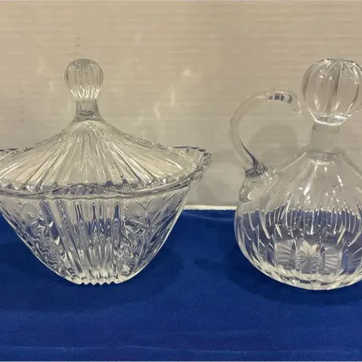 Vintage Cut Crystal - Covered Candy Dish Bowl & Handled Cruet Decanter with Stopper