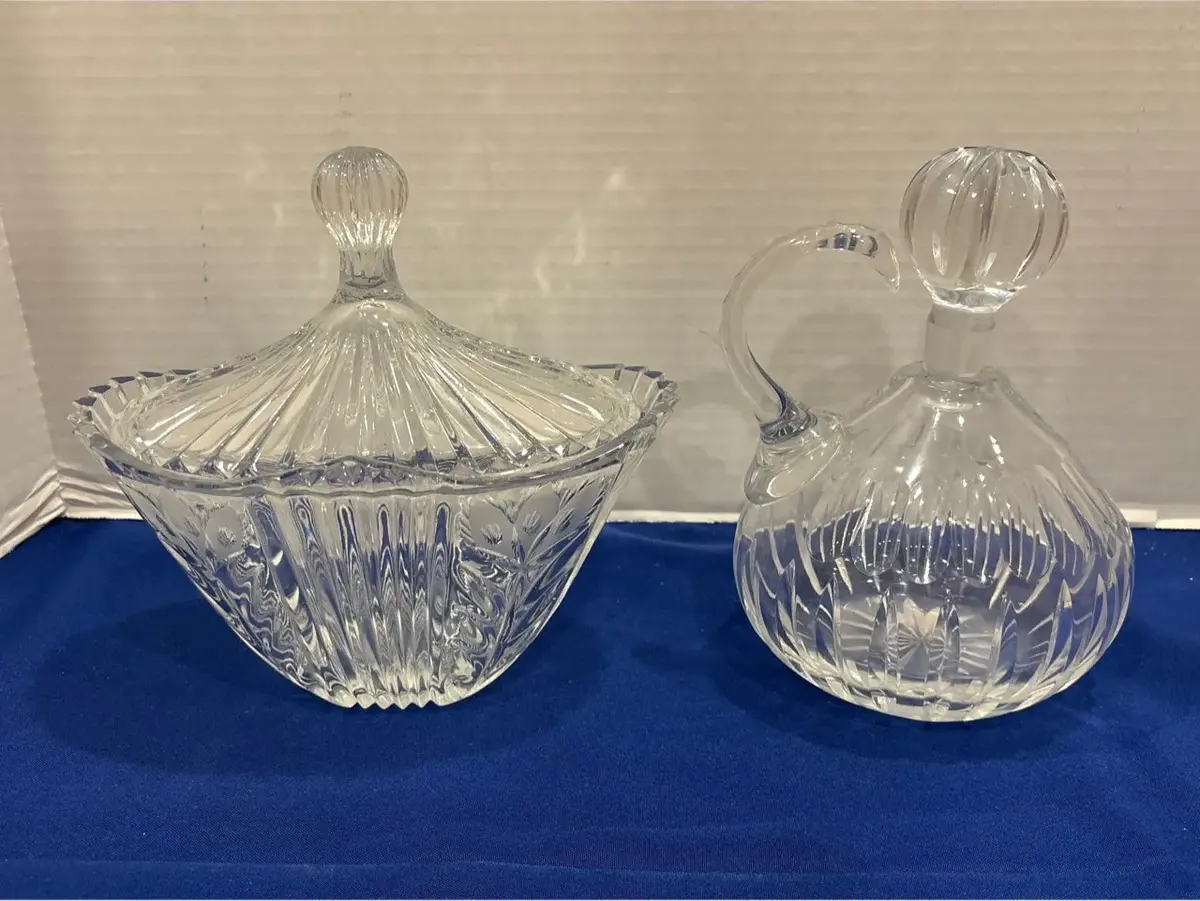 Vintage Cut Crystal - Covered Candy Dish Bowl & Handled Cruet Decanter with Stopper