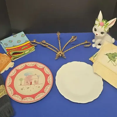 Spring Home Decor - Plates, Ceramic Bunny, Doilies, Metal Candle Wall Decor