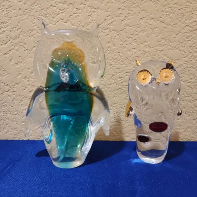 2 Murano Glass Owls - Made In Italy, Gold Painted Accent Owl, Blue & Orange Owl