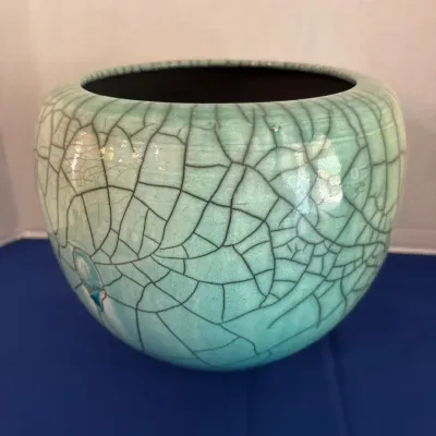 Raku Pottery - Signed Dale Ferguson, Ceramic Design, 9.5" Round Bowl, Turquoise Crackle Glaze