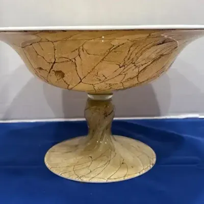 Large 15” Vintage MCM Cased Art Glass Pedestal Bowl - Marbled Alabaster Style Compote