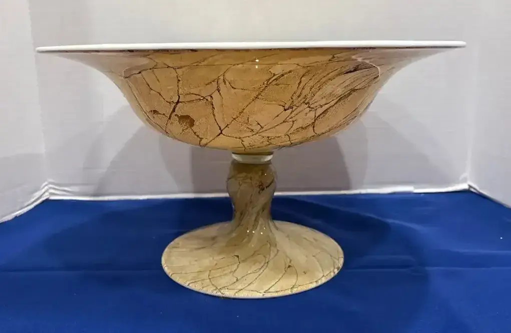 Large 15” Vintage MCM Cased Art Glass Pedestal Bowl - Marbled Alabaster Style Compote