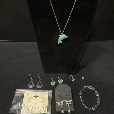 Boho Jewelry - Carved Stone Dolphin Necklace, Panel Link Bracelet, Earrings