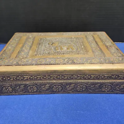 Vintage Elephant Brass Wood Gift Trinket Jewelry Box