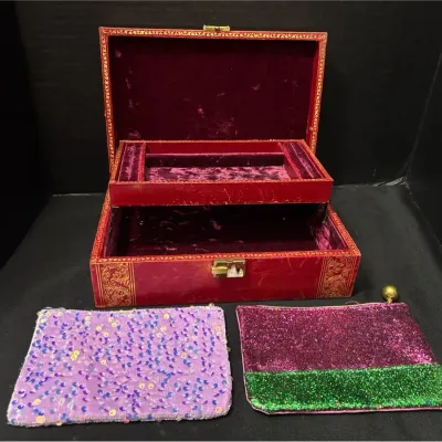 VTG Red Leather Jewelry Box + 2 Ispy Makeup Bags - Gold Tooled, Florentine Style, Tiered Tray