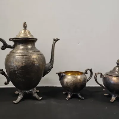 Wm. Rogers Silver-Plated Tea Set - Vintage Footed Lidded Tea Pot, Creamer & Lidded Sugar Bowl