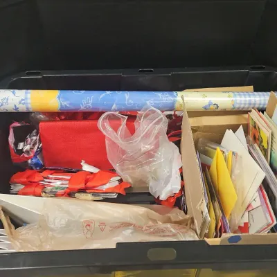 Mystery Bin Of Holiday Goods - Wrapping Paper, Bags, Boxes, Cards, Bows, Frames