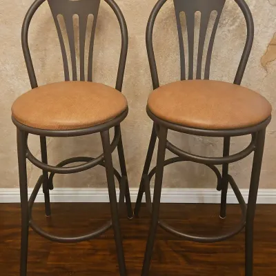 2 Brown Metal Framed Counter Height Bar Stools With Brown Faux Leather Cushion Seat