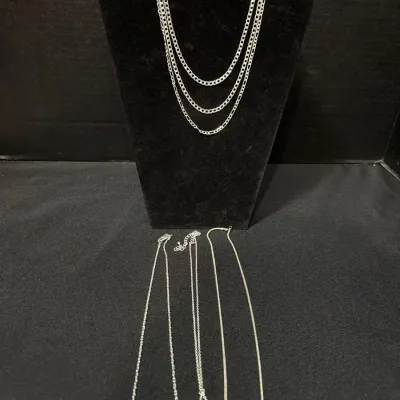 Sterling & Silver Tone Chains - 3 Marked 925, Curb, Figaro, Snake, Dove Pendant Necklace,