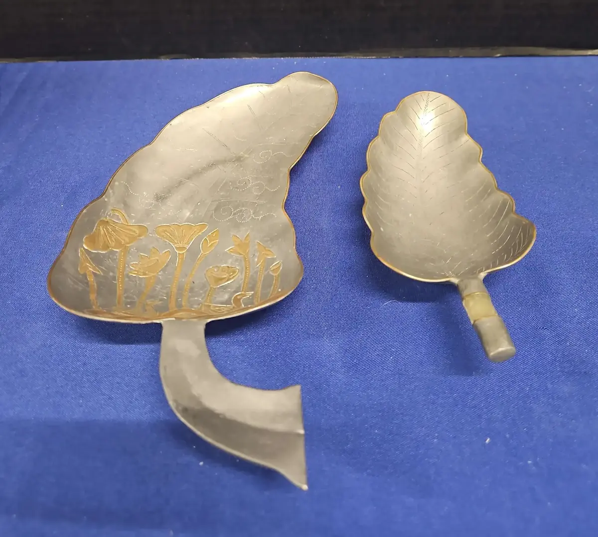 Vintage Antique Pewter & Copper Leaf Dishes With Designs