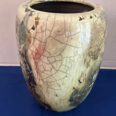 Raku Pottery - 11.5" Vase, Cream Crackle & Copper Red Glaze, Ceramics Design, Ferguson