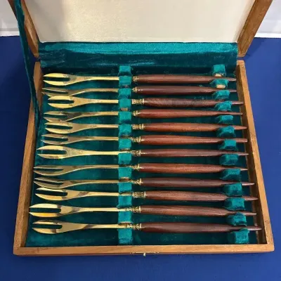 James Quality Jewellers Brass & Rosewood Dessert Fruit Fondue Fork Set in Wood Case - 12 Piece, Siam