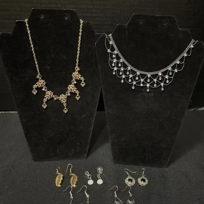 Costume Jewelry - Lia Sophia Caleigh & VCLM Bib Statement Necklaces + 5 Pair Boho Dangle Earrings
