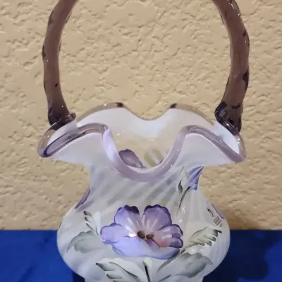 Vintage Fenton Art Glass Opalescent Glass Basket, Purple Flowers, Twisted Amethyst Handle