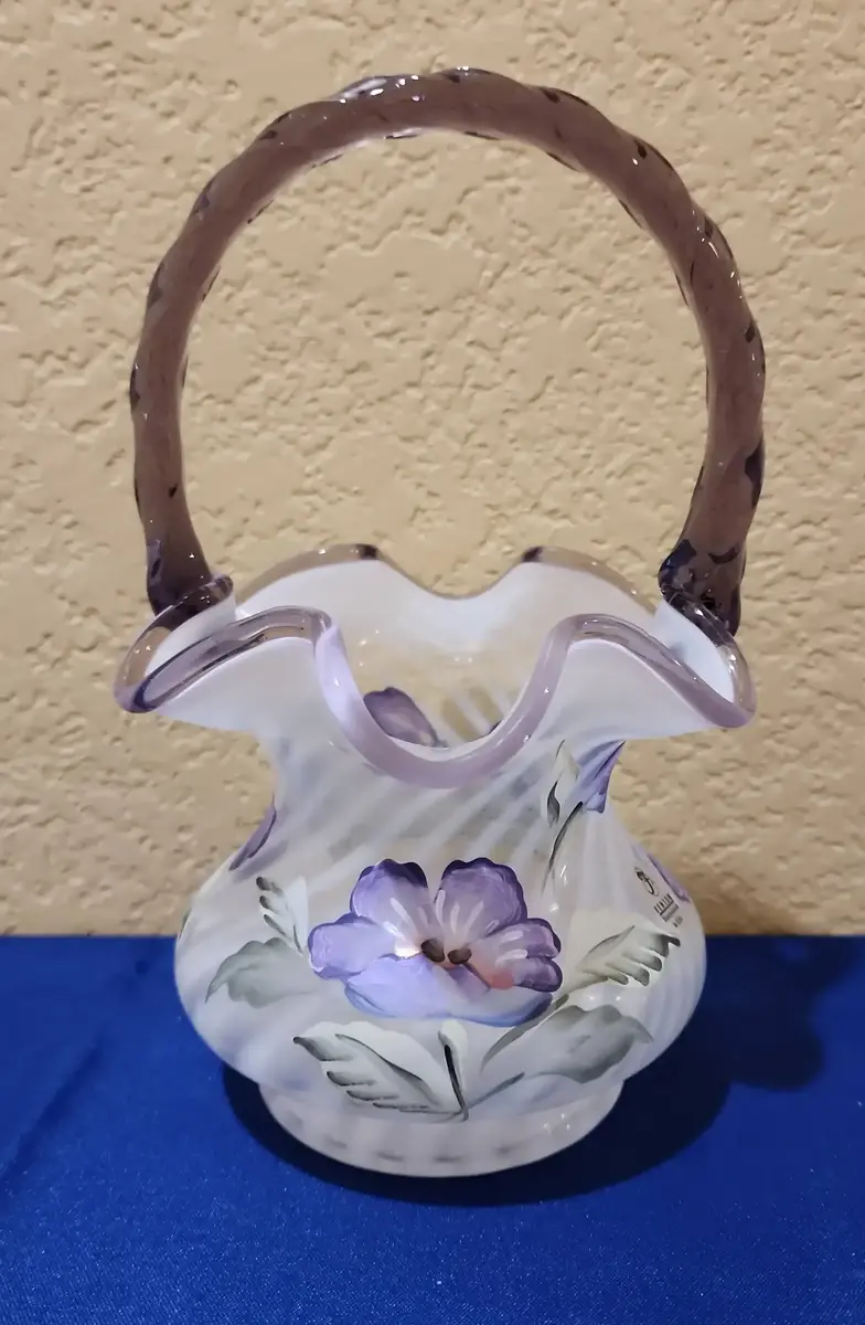 Vintage Fenton Art Glass Opalescent Glass Basket, Purple Flowers, Twisted Amethyst Handle