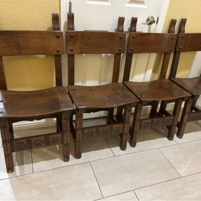 4 Vintage Spanish Castilian Dining Chairs - Hand Carved Wood, Acquired In Spain