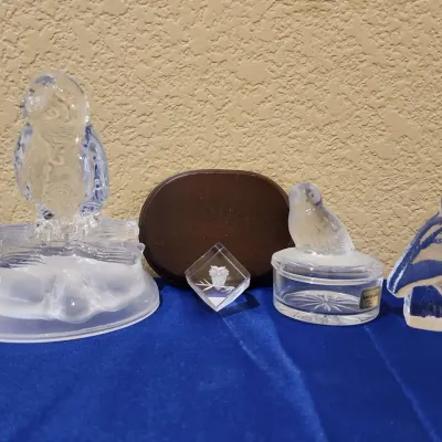 4 Cut Glass Owl Figures - Luminarc Trinket Bowl Owl, Frosted & Clear Glass, Acrylic Etched Owl
