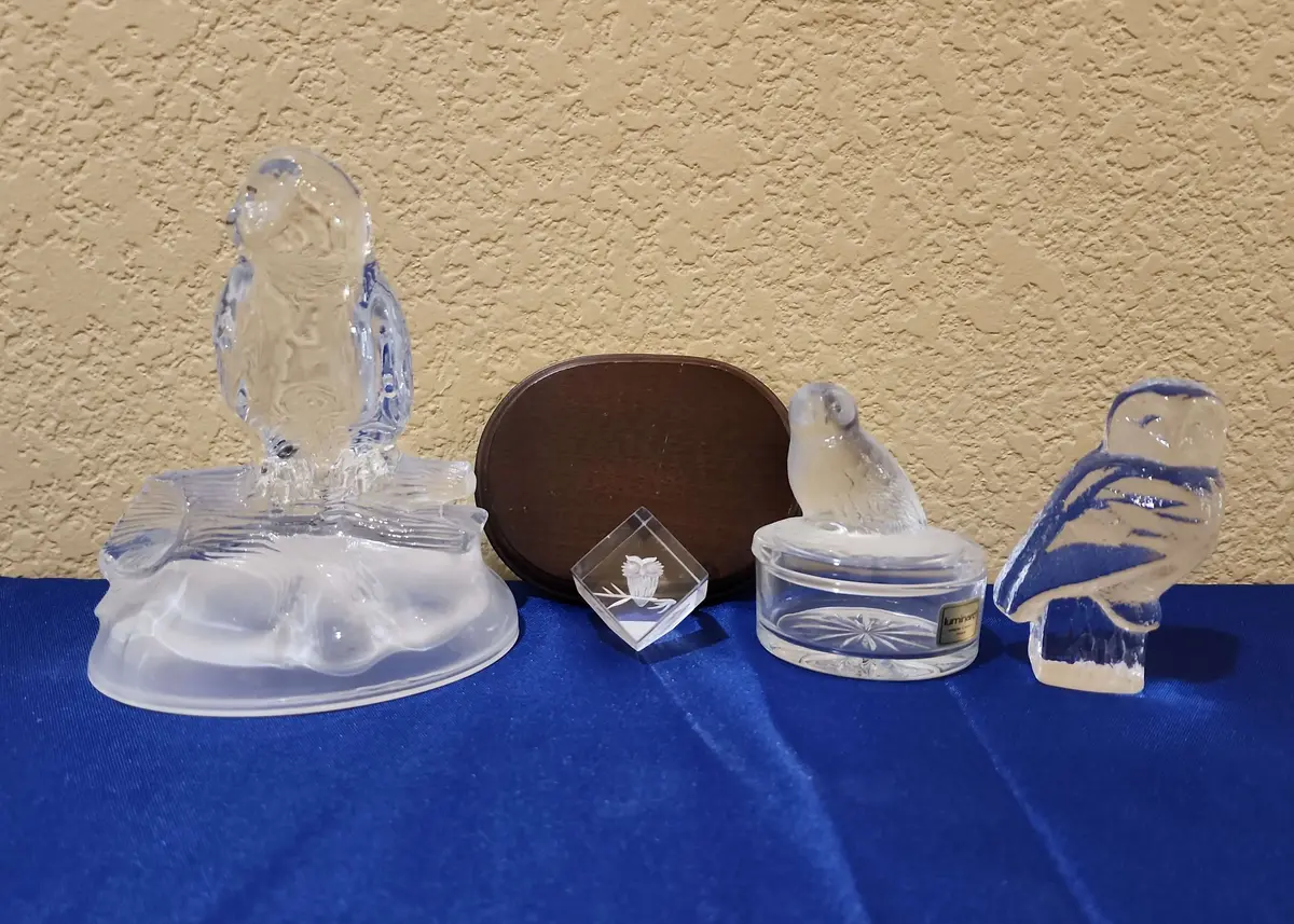 4 Cut Glass Owl Figures - Luminarc Trinket Bowl Owl, Frosted & Clear Glass, Acrylic Etched Owl