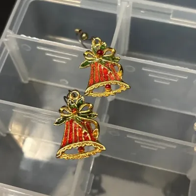 Holiday Earrings + Organizer - Bells, Santa, Bears In Stockings, Crosses, Red, White