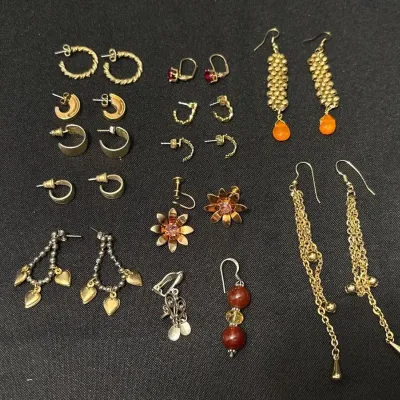 Gold Tone Earrings - 11 Pair, 2 Singles, Hoops, Huggies, Dangles, Beaded