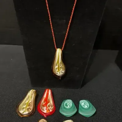 7 Vintage Pendants + Red Cord - 3 Art Glass Teardrop + 4 Lucite Swirl
