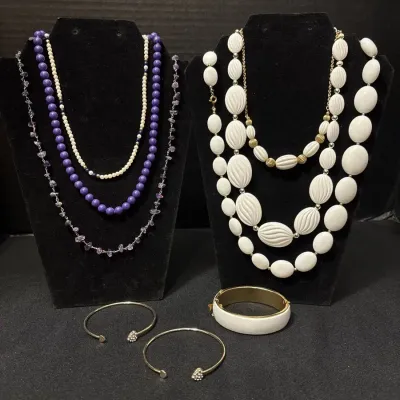 Costume Jewelry - 6 Beaded Necklaces - Avon, White, Purple + 3 Bracelets - Hinged Bangle, Heart Cuff