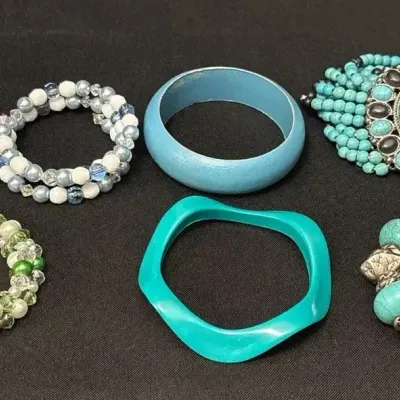 7 Boho Bracelets - Memory Wire Beaded, Bangles, C&C Turquoise Colored