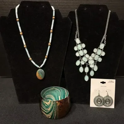 Boho Fashion Jewelry - Jasper Necklace, Metal Bangle Bracelet, Mint Statement Bib, Dangle Earrings