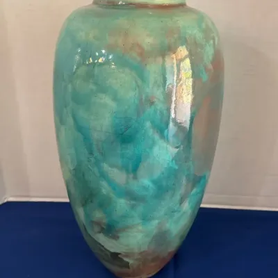 Raku Pottery - Signed Dale Ferguson, Ceramic Design, 16.5" Vase, Iridescent Turquoise Copper Glaze