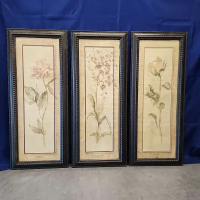 3 Framed Floral Art Panel Prints - Peony, Orchid, Rose, 40" Tall X 16" Ea
