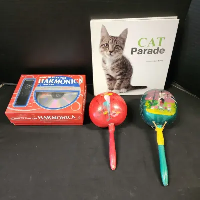 Make Beautiful Music For Your Cat - 2 Mexican Maracas, How To Play The Harmonica CD, Cat Parade Book