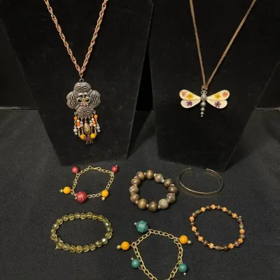 Boho Jewelry - Filigree Shield W/ Elephant & Pressed Flower Dragonfly Necklaces, Beaded Bracelets