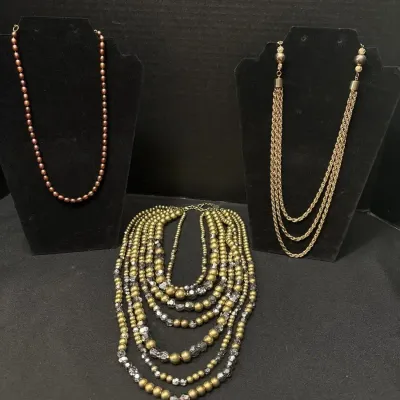3 VTG Necklaces - Signed RJ Graziano Bib, Multi-Strand Rope Chain, Bronze Faux Pearl Strand