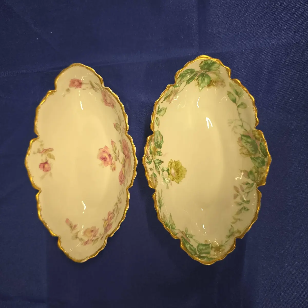 2 Antique Haviland Limoges Porcelain Oval Dishes - Green, Pink, Scalloped Gold Trim Rim, France