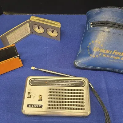 Vintage Business - Blue Vinyl Zippered Bank Deposit Bag, Dual Dial Clock, Sony Radio, Business Card
