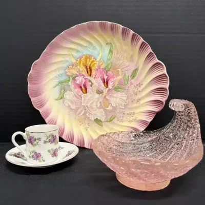 Antique Decor-Franz Anton Mehlem Royal Bonn Plate, Fleur-Ever Porcelain Tea Cup, Sugared Glass Dish
