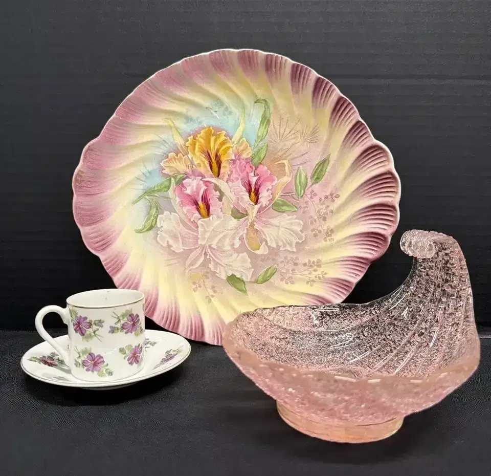 Antique Decor-Franz Anton Mehlem Royal Bonn Plate, Fleur-Ever Porcelain Tea Cup, Sugared Glass Dish
