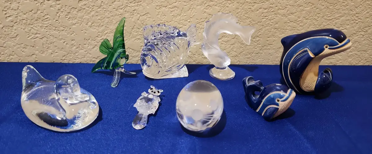 8 Animal Figures - Glass, 2 Blue Artesania Rinconada Dolphin Figures, Duck, Otter, Fish, Seal