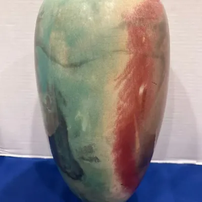 VTG Mid-Century Modern Raku Art 16” Pottery Vase - Iridescent Copper, Turquoise, Red Glaze, Signed