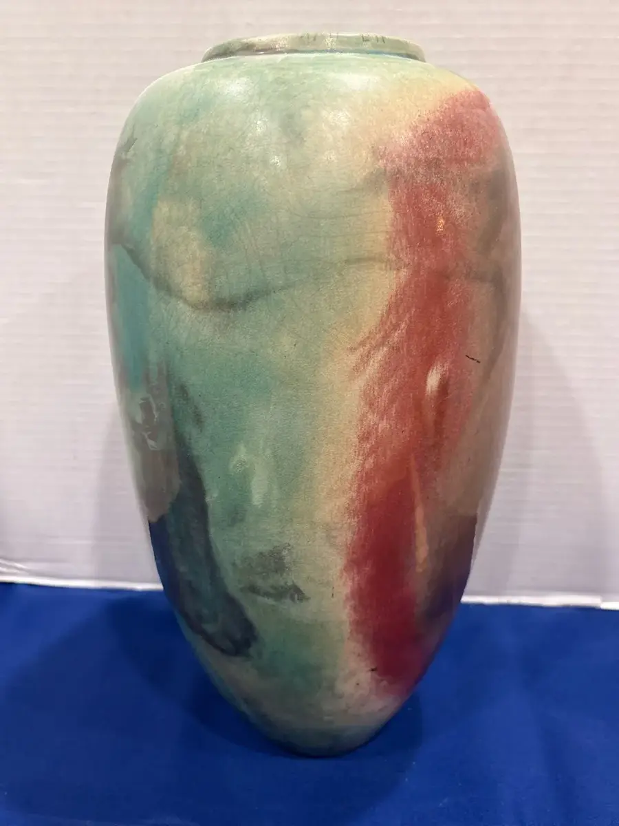 VTG Mid-Century Modern Raku Art 16” Pottery Vase - Iridescent Copper, Turquoise, Red Glaze, Signed