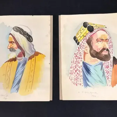 Vintage Middle Eastern Paintings - E. Evachia 1960 Original Watercolor Portrait Pair