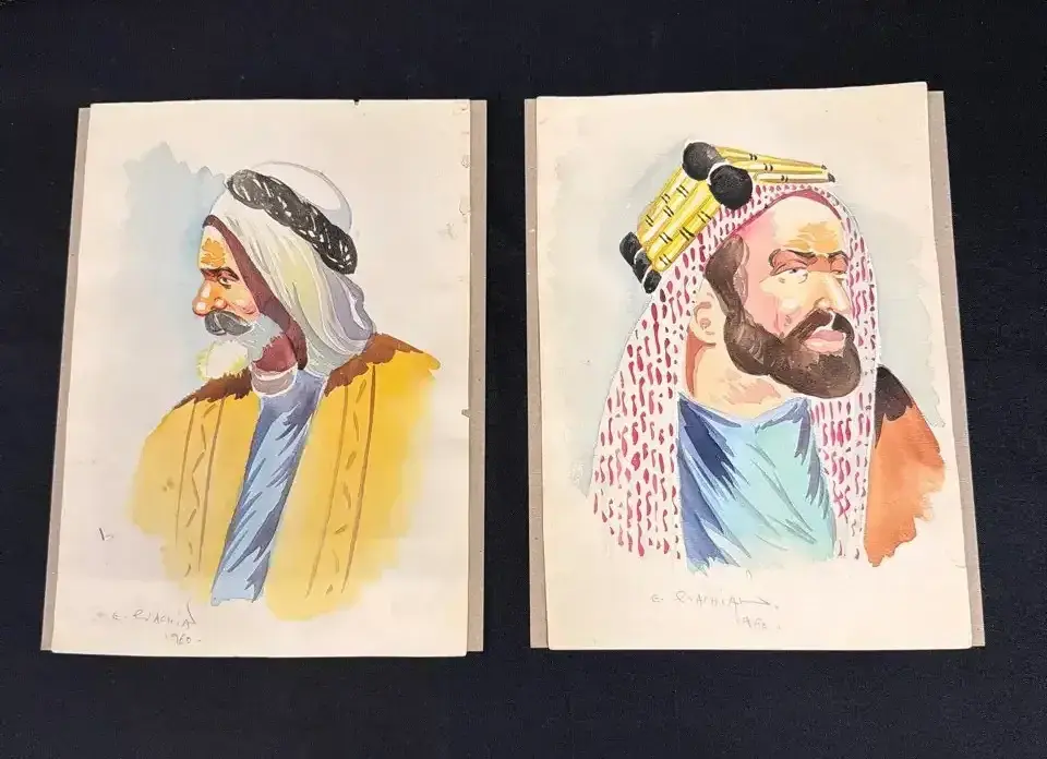 Vintage Middle Eastern Paintings - E. Evachia 1960 Original Watercolor Portrait Pair