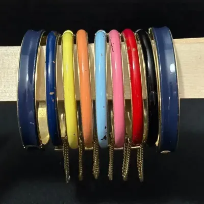 9 Multicolor Enamel Stackable Bangle Bracelets - Hinged, Safety Chain, Gold Tone