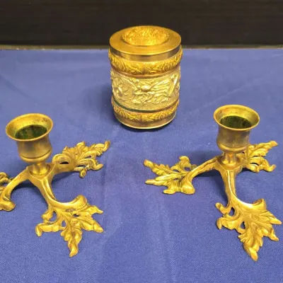 VNG MCM Brass - Cylindrical Tabletop Cigarette Holder & Dispenser, 2 Footed 3-Leaf Candle Holders