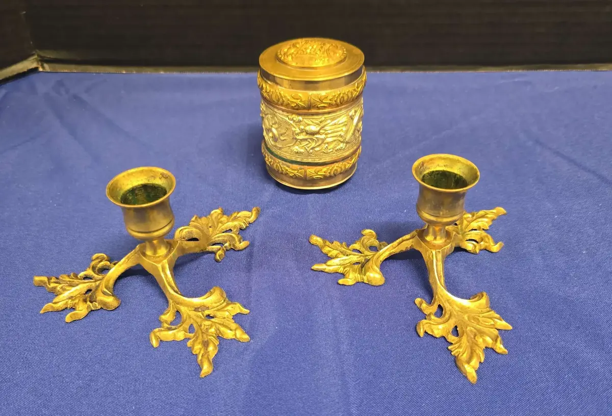 VNG MCM Brass - Cylindrical Tabletop Cigarette Holder & Dispenser, 2 Footed 3-Leaf Candle Holders